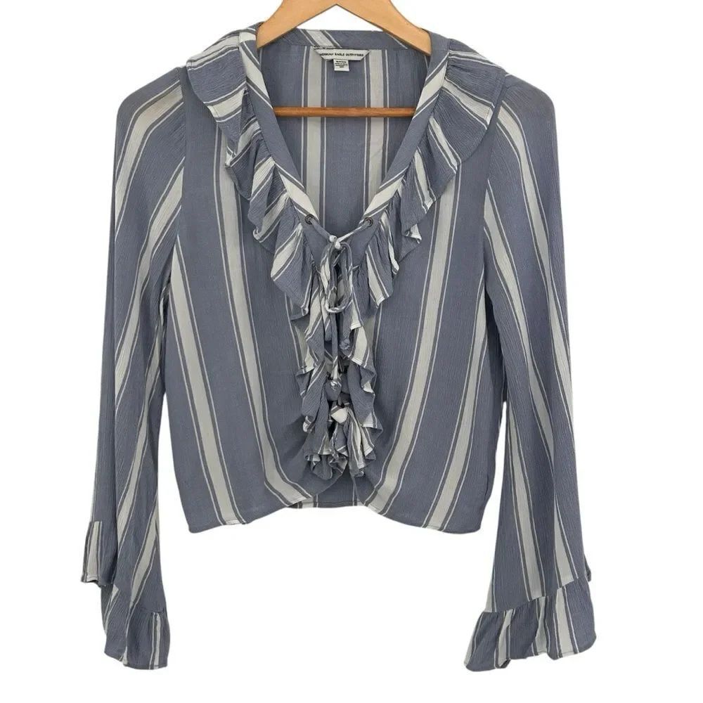 American Eagle blue and white stripe cropped  ruffled bell sleeve size small